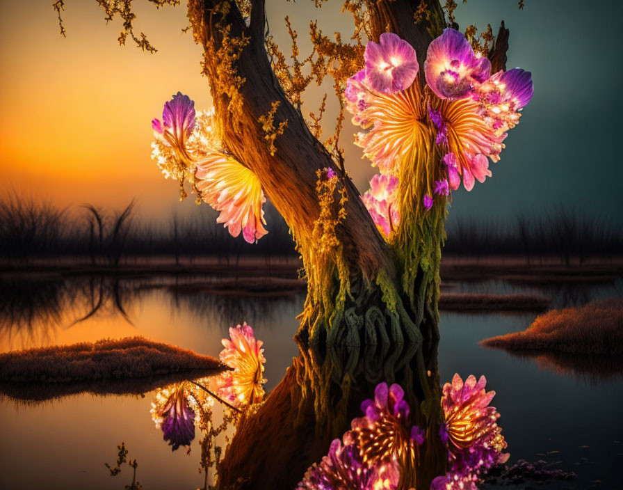 Glowing flower tree by waterbody at sunset