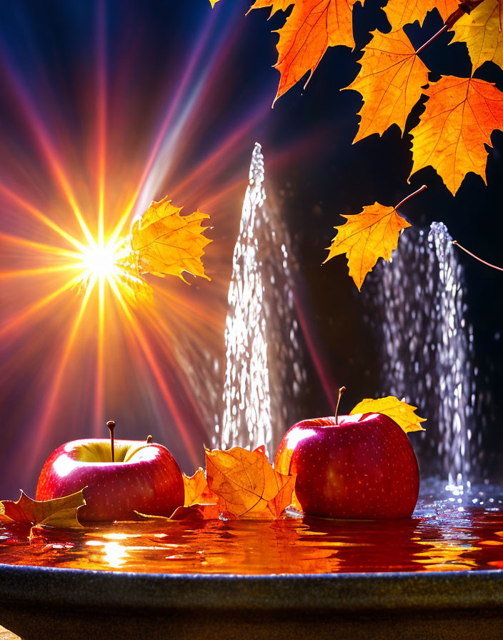 Vibrant red apples by a sparkling autumn fountain