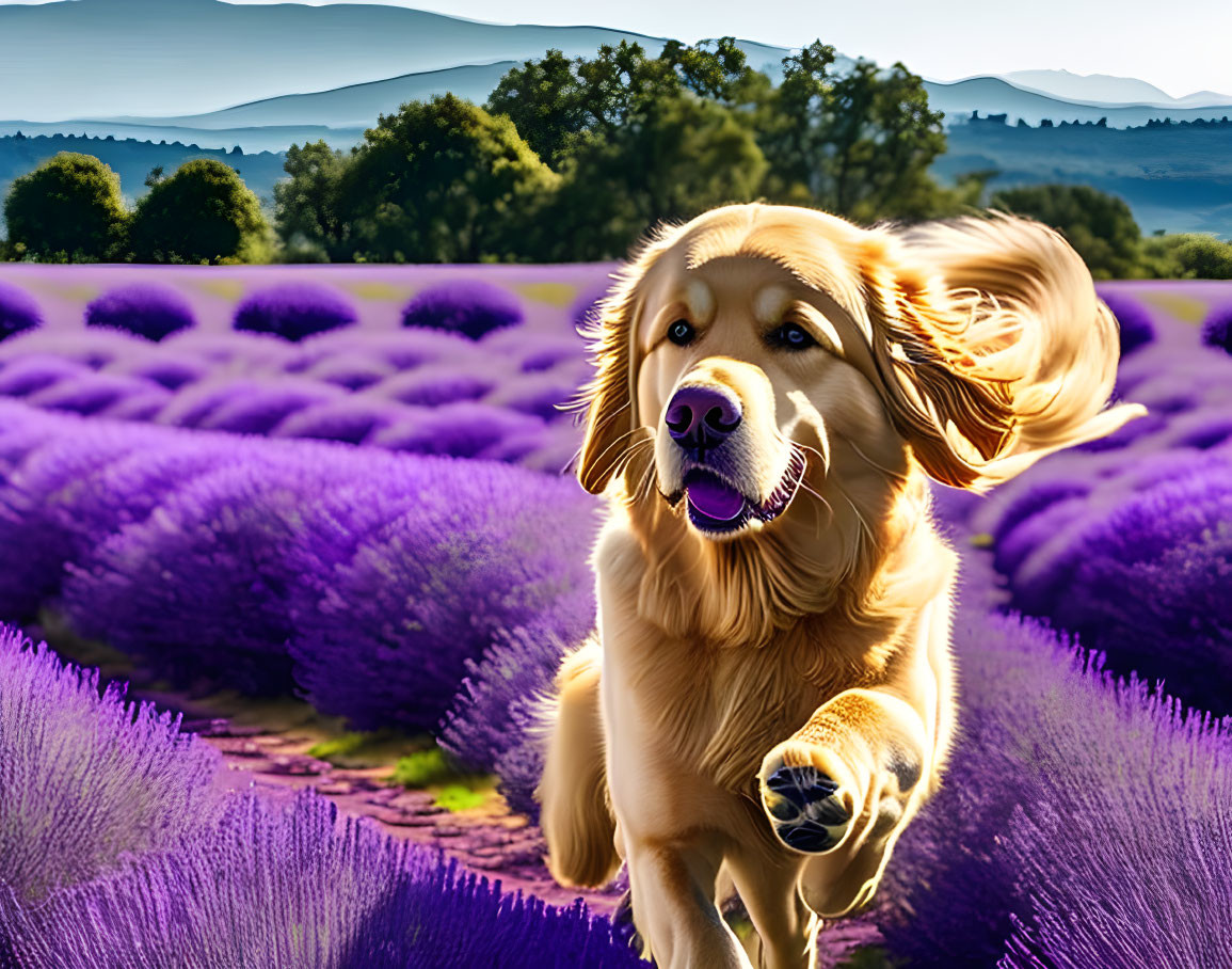 Golden Retriever Running in Lavender Field with Mountains and Sky