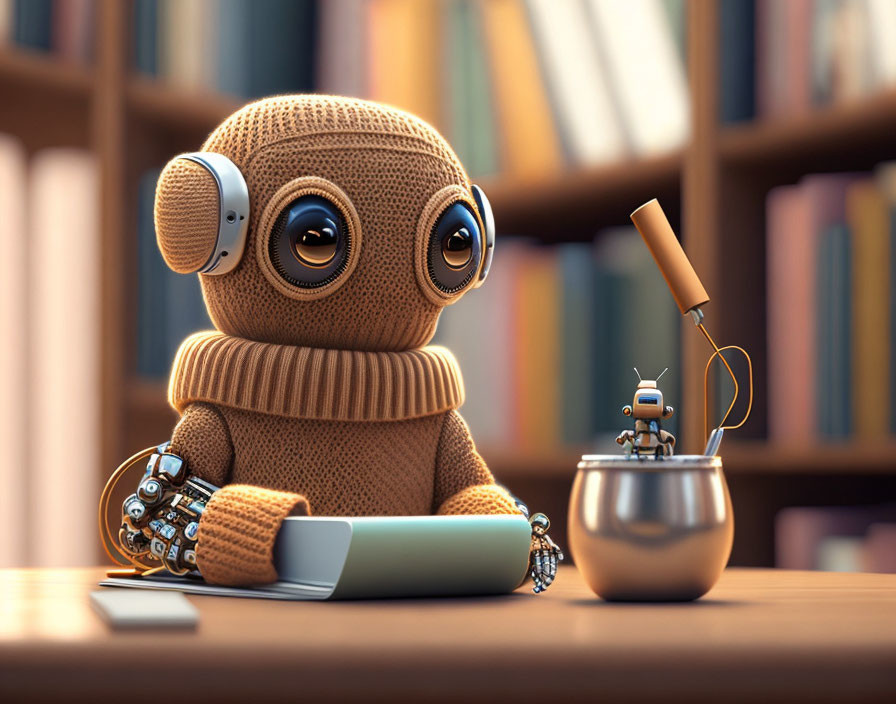 Knitted robot with headphones at wooden desk surrounded by books