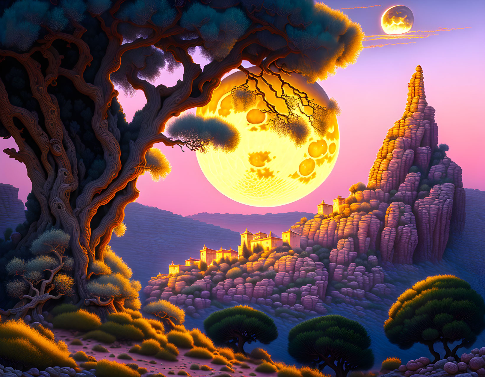 Vibrant pink sky over rocky terrain with oversized moon and small houses