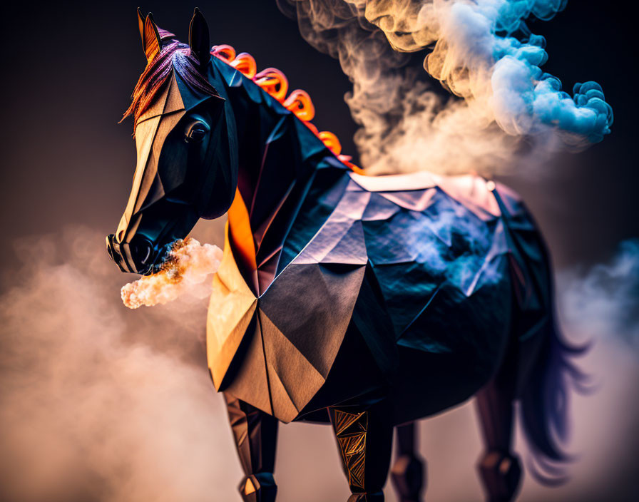 Geometric Horse Figure Emitting Smoke on Dark Background