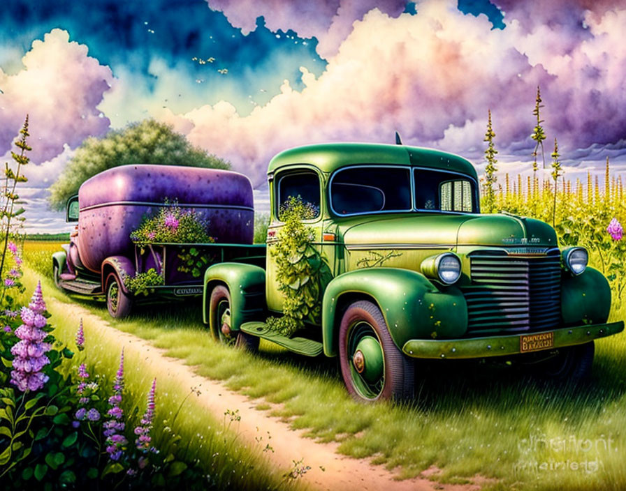 Vintage Green Truck and Trailer Surrounded by Lush Flowers and Plants