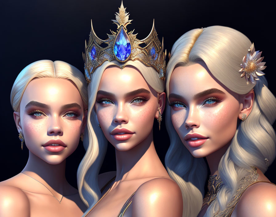 Stylized female characters with regal accessories on dark background