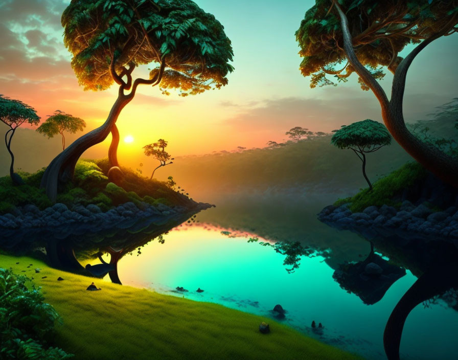 Tranquil fantasy landscape: vibrant trees, turquoise lake, warm sunset.