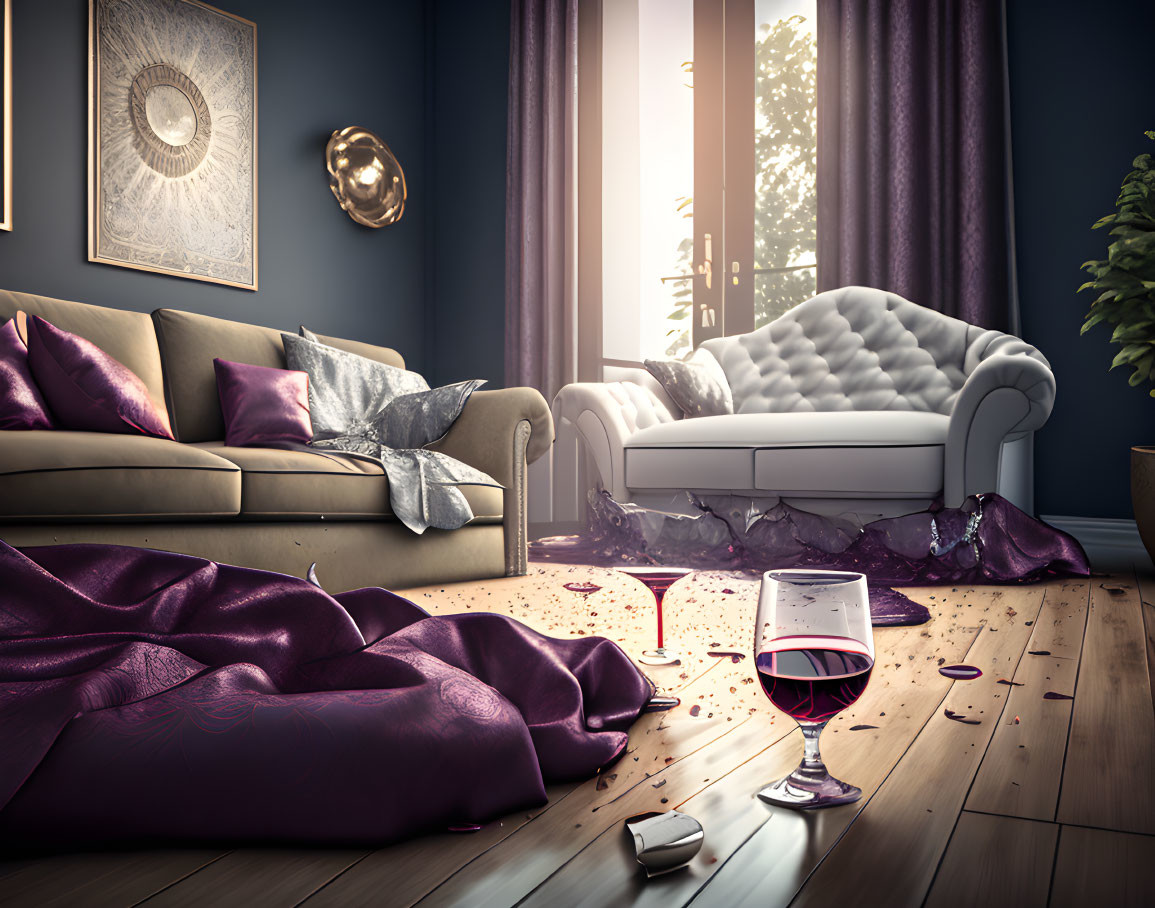 Sophisticated living room with spilled wine, wooden floor, purple fabric, modern furniture, soft lighting