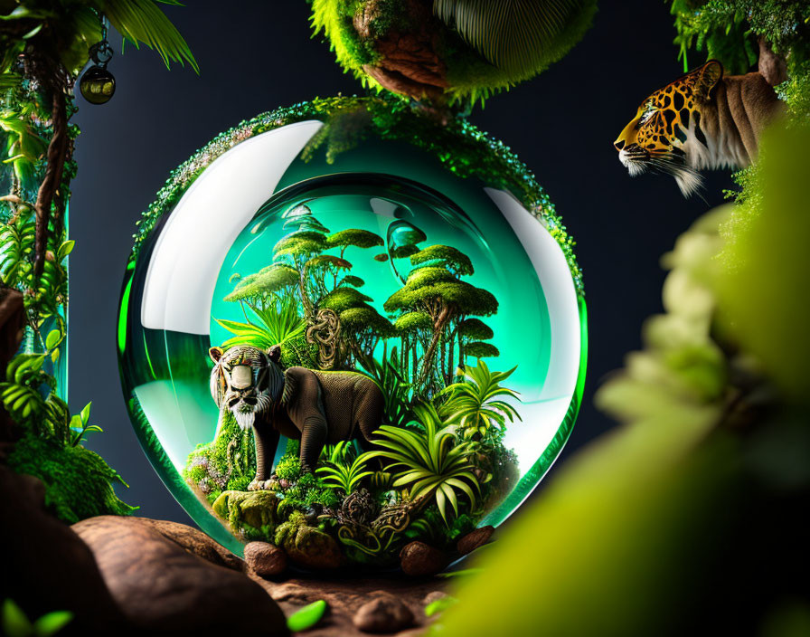 Lush green jungle with elephant and tiger in transparent sphere