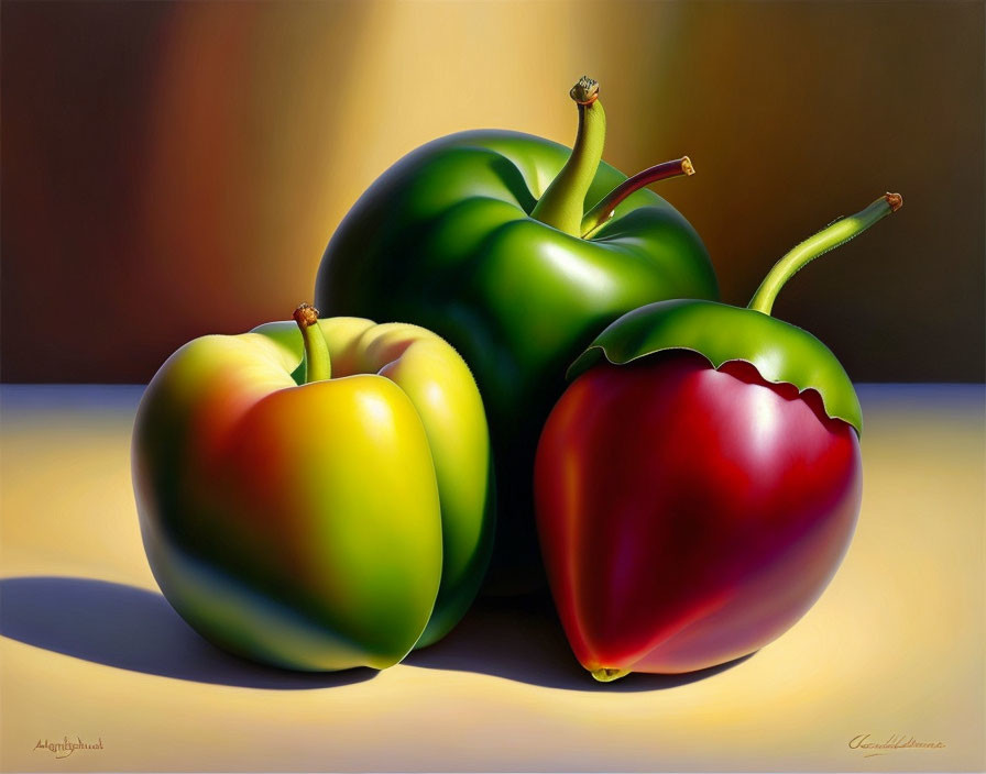 Vibrant red, green, and yellow bell peppers on a glossy surface in soft light