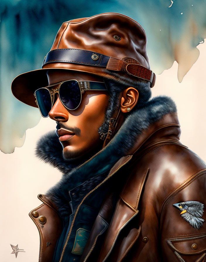 Stylized illustration of man in aviator hat and jacket with bird