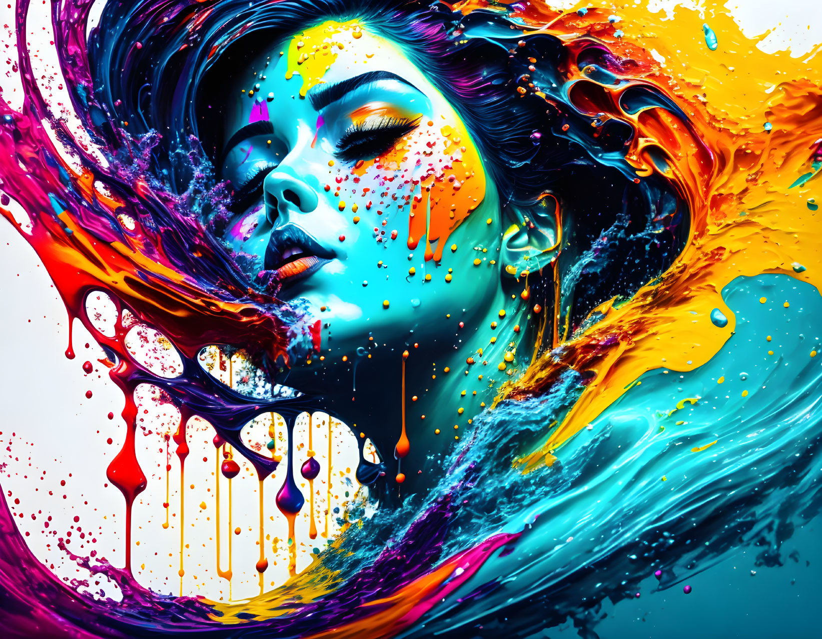 Colorful digital portrait with swirling paint splashes depicting a dynamic woman profile