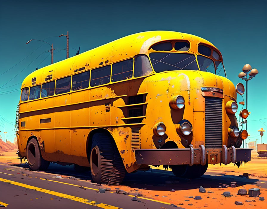 Weathered yellow school bus on abandoned road with street lamps under clear sky