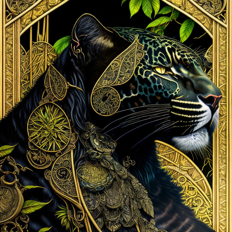 Detailed black jaguar with golden ornamental patterns in gold-leaf style border