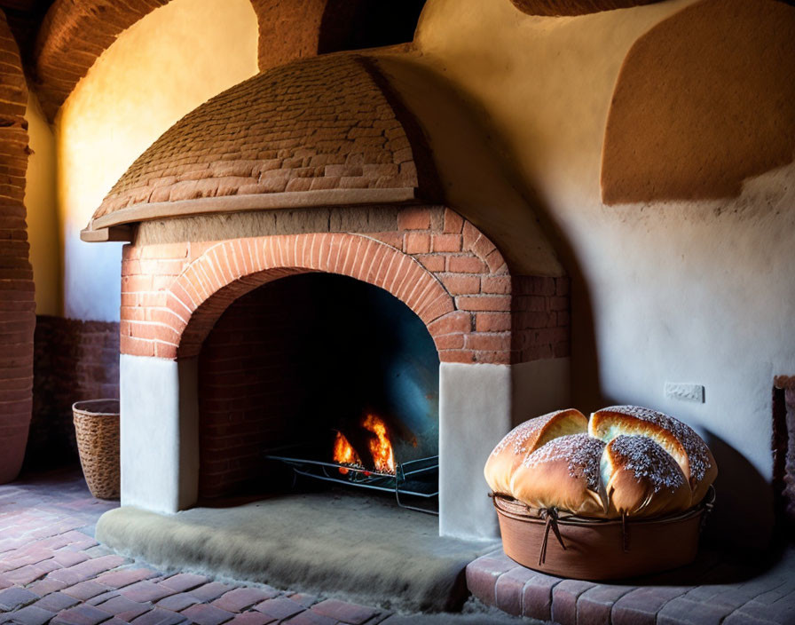 Traditional Brick Oven with Roaring Fire and Freshly Baked Bread in Rustic Kitchen