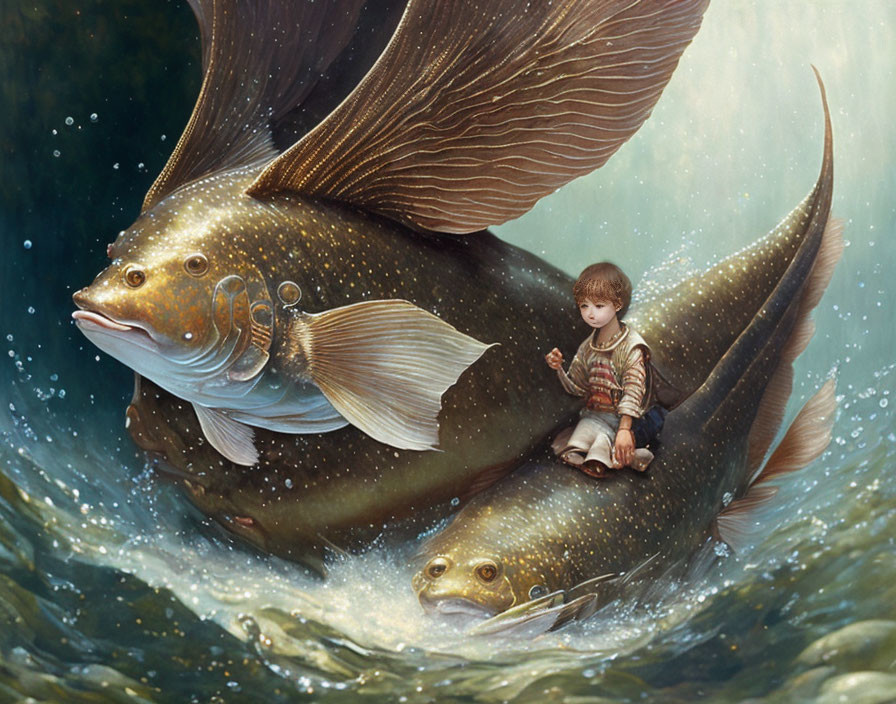 Child sitting on giant fish in serene underwater scene