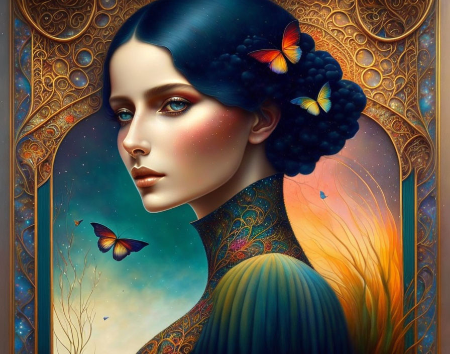 Digital artwork: Woman with blue hair and luminous skin, butterflies, golden ornate patterns, past