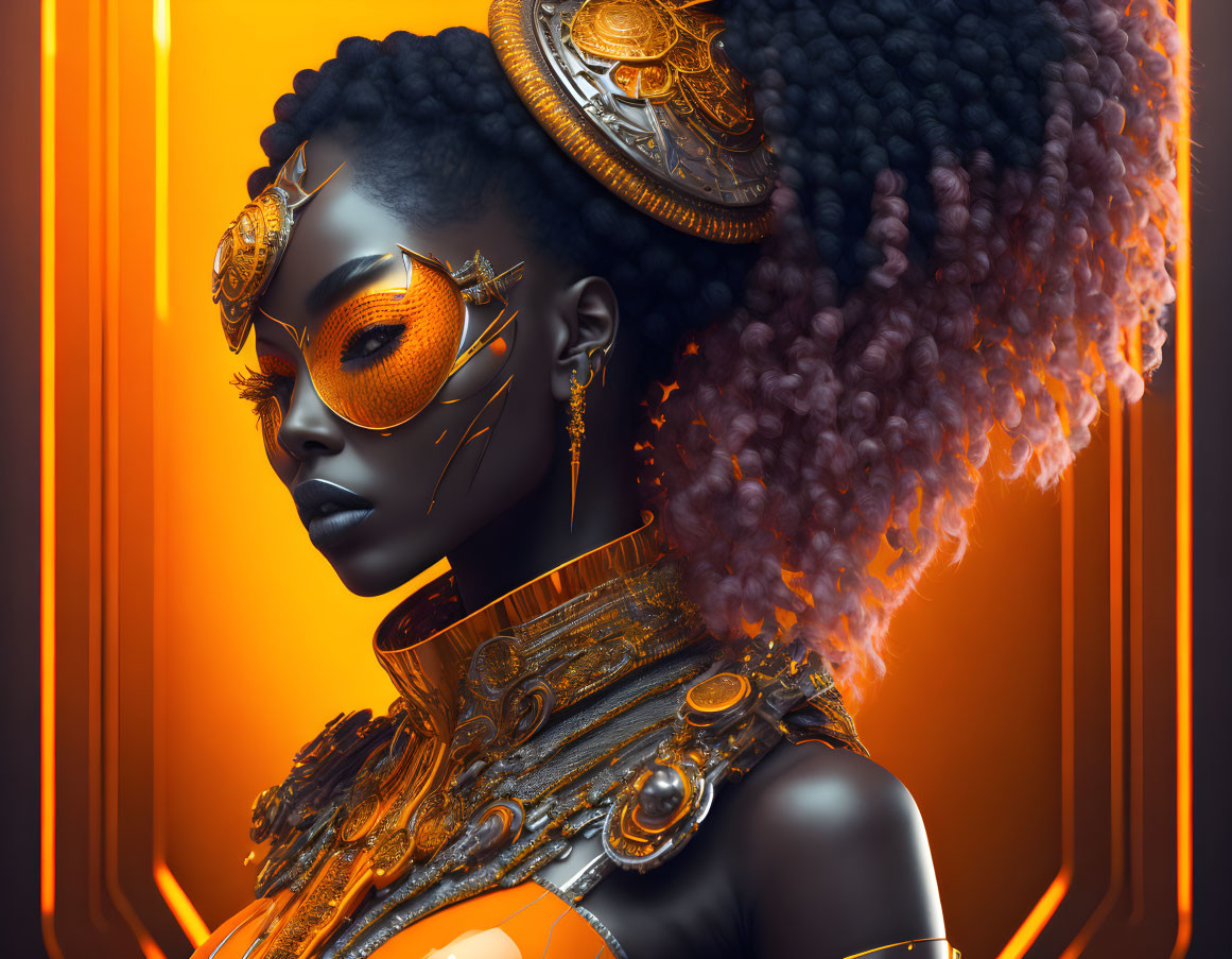 Digital artwork: African woman with golden tribal accessories and mechanical textures on orange backdrop