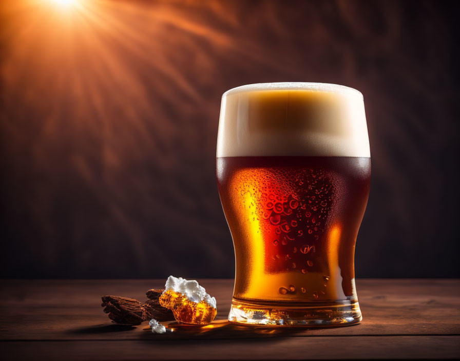 Amber beer glass with frothy head, hops, and condensation bubbles on dark background.