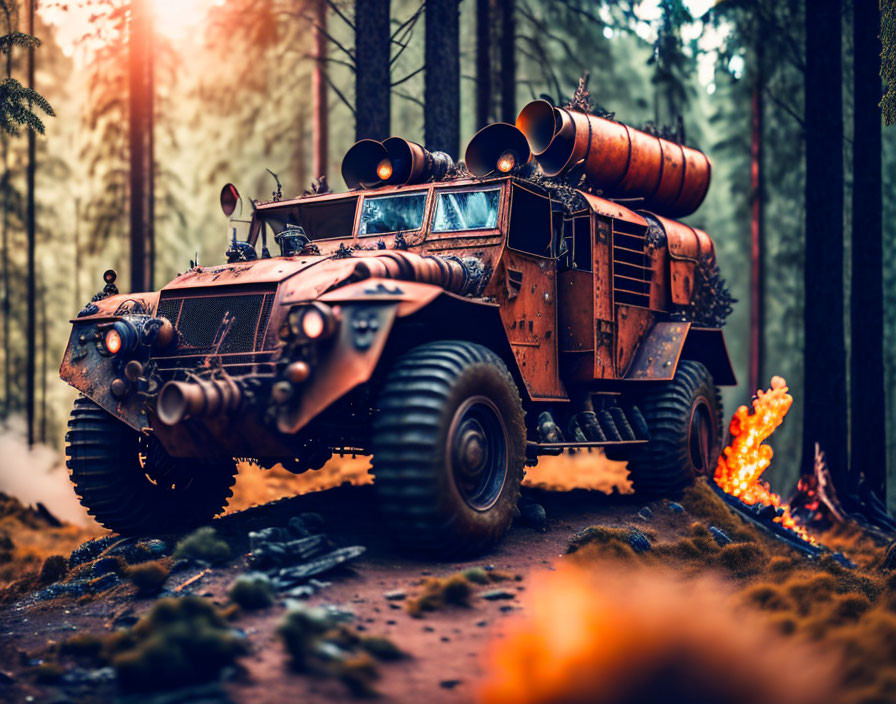 Armored vehicle with large wheels in forest with fires.