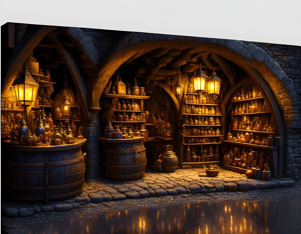 Fantasy-style tavern interior with stone walls, barrels, potions, and lantern light.