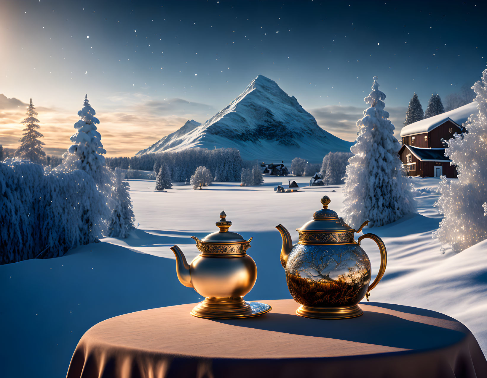 Winter Dusk Scene: Teapots on Table with Snowy Mountain View