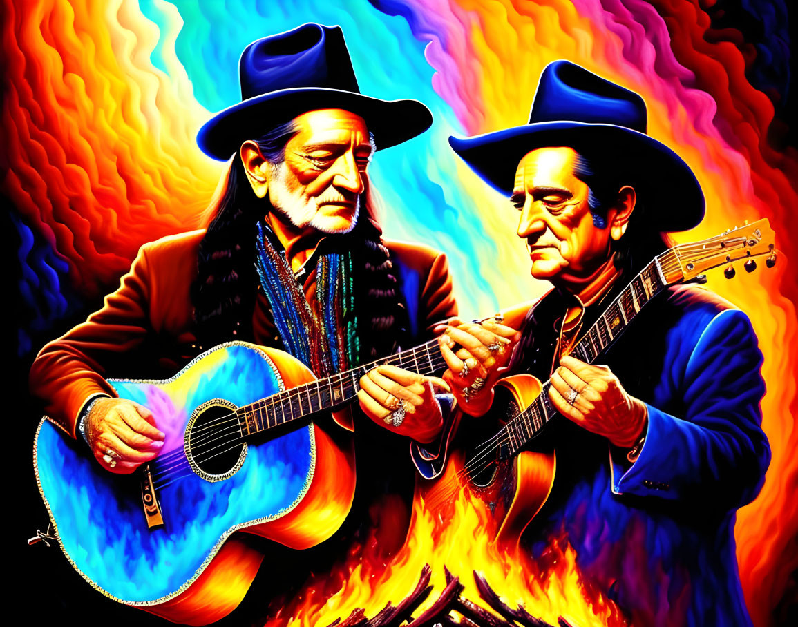 Musicians in hats playing guitars against fiery backdrop.