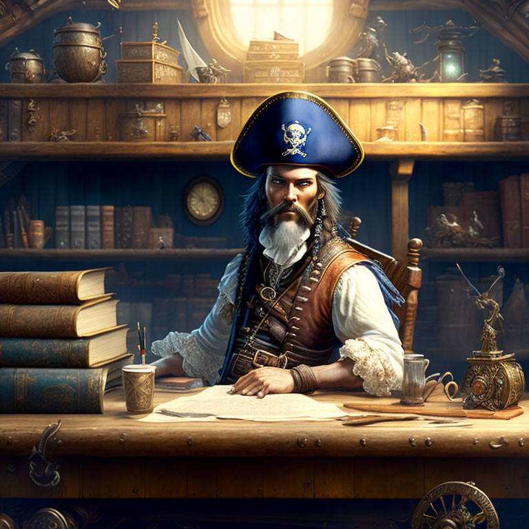 Detailed illustration: Pirate captain in blue hat at desk with books and navigational instruments in wooden cabin