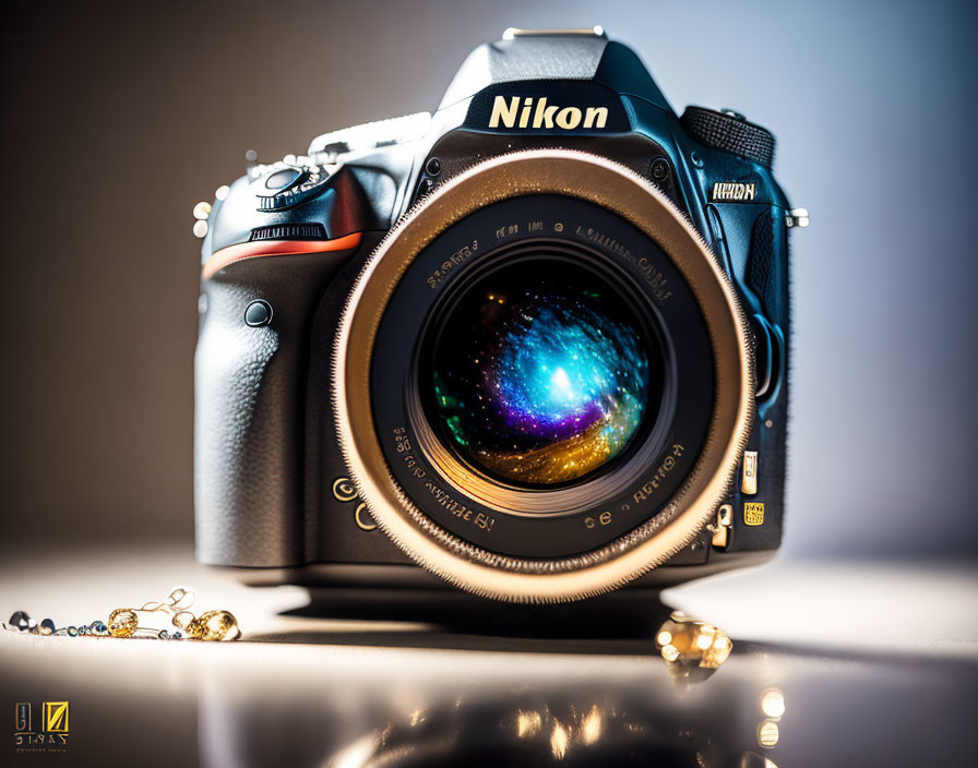 Nikon DSLR Camera with Cosmos Reflection and Golden Accessory