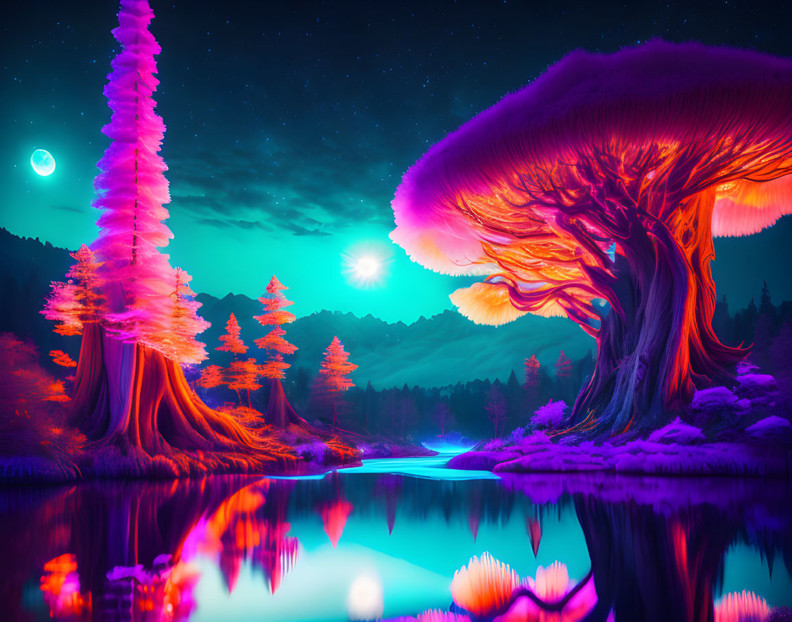 Fantasy landscape with neon colors, oversized mushroom trees, reflective river, and dual moons