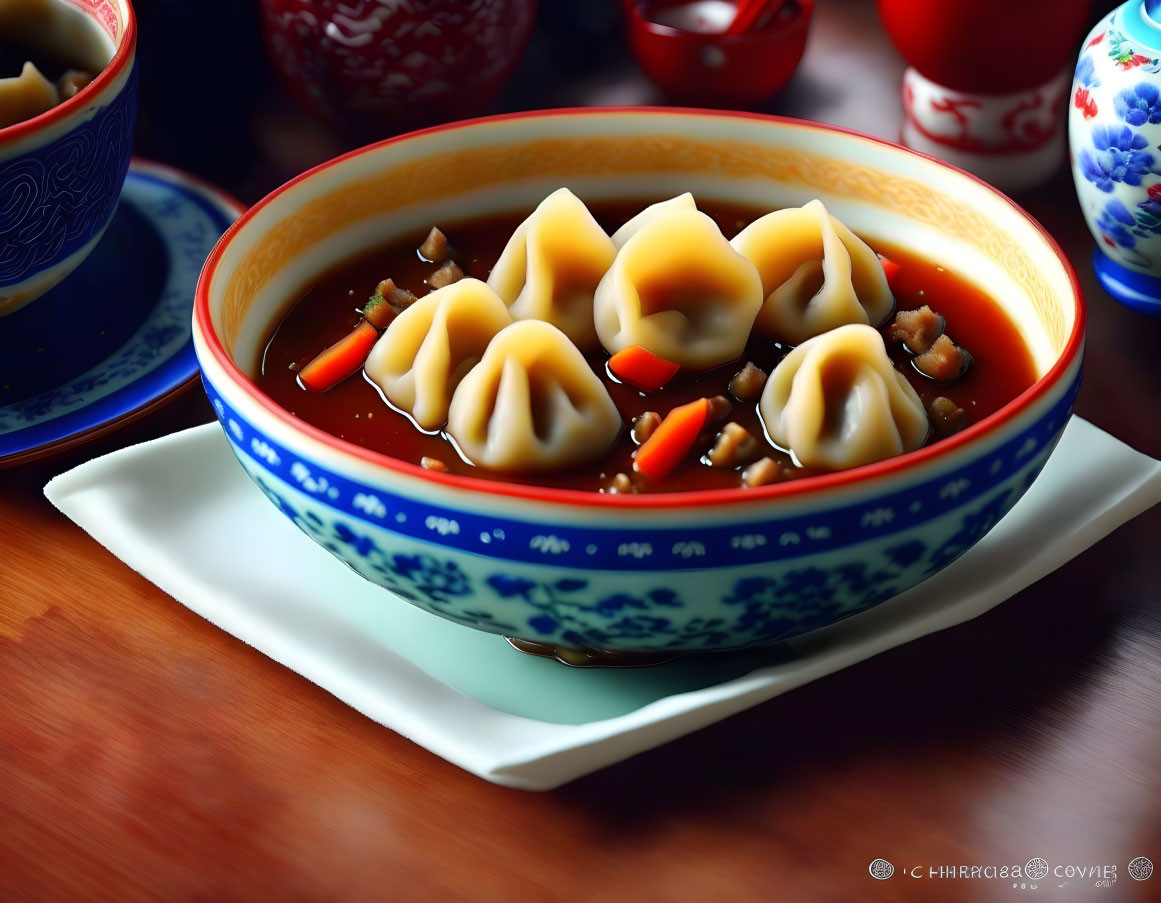 Chinese Dumplings in Spicy Sauce with Blue and White Bowls