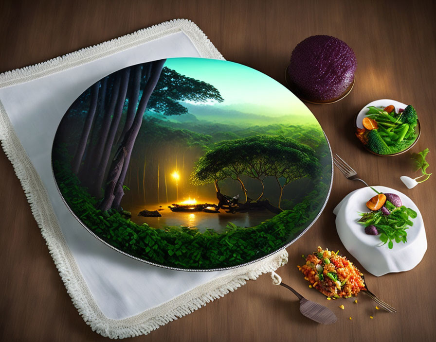 Forest-themed 3D print on round table with food dishes