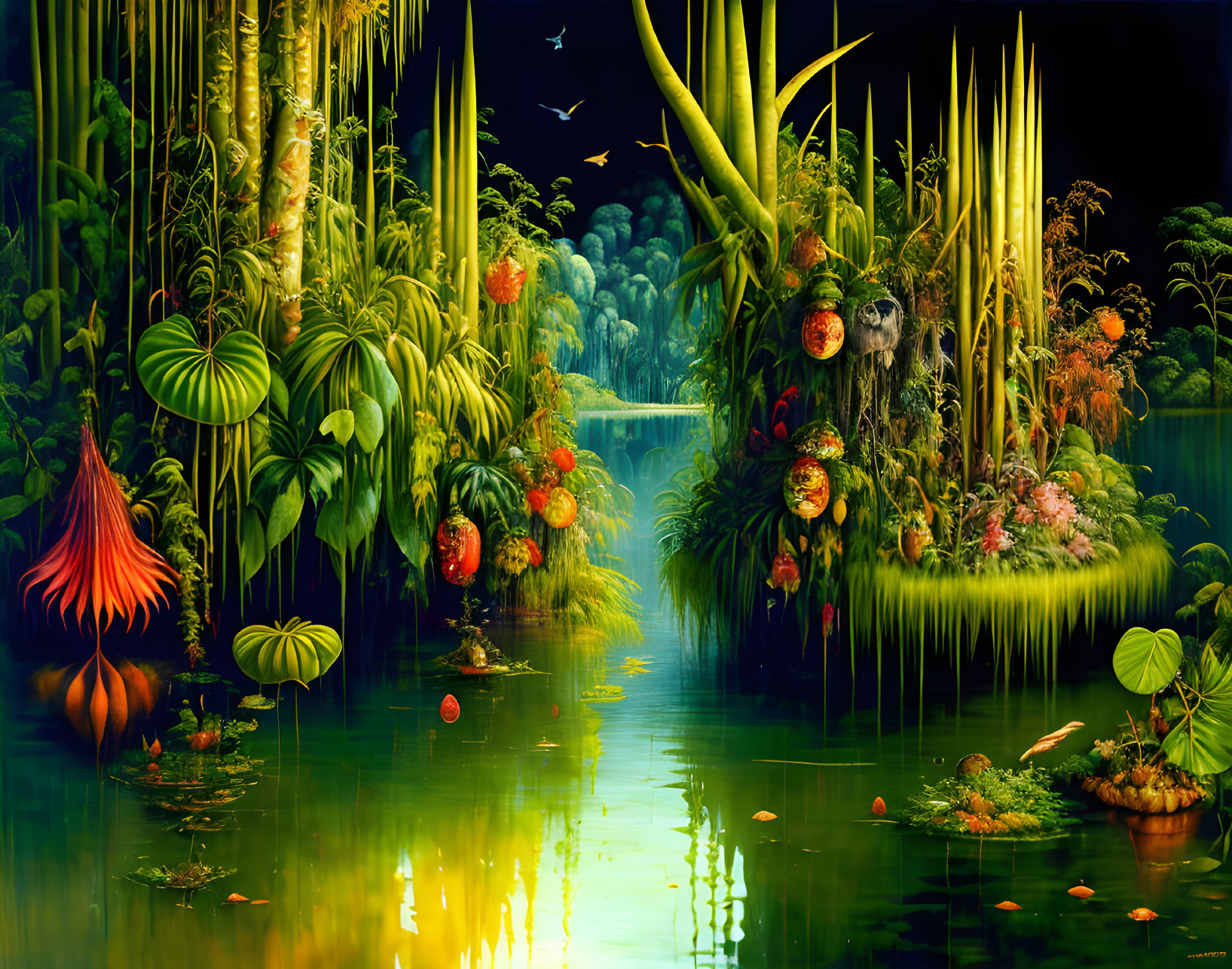 Fantasy tropical jungle with lush vegetation and serene waterway