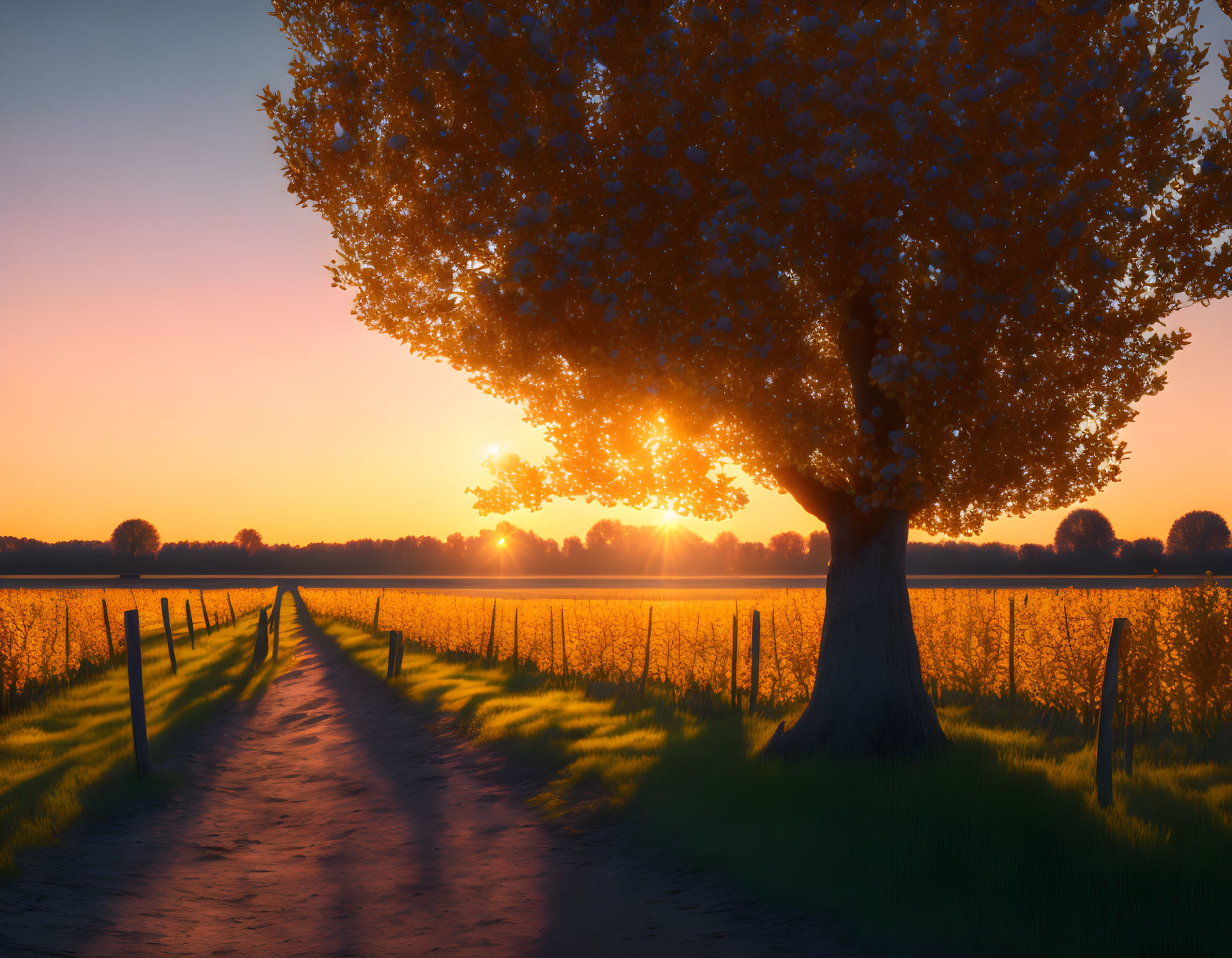 Tranquil country sunset scene with golden hues over serene path