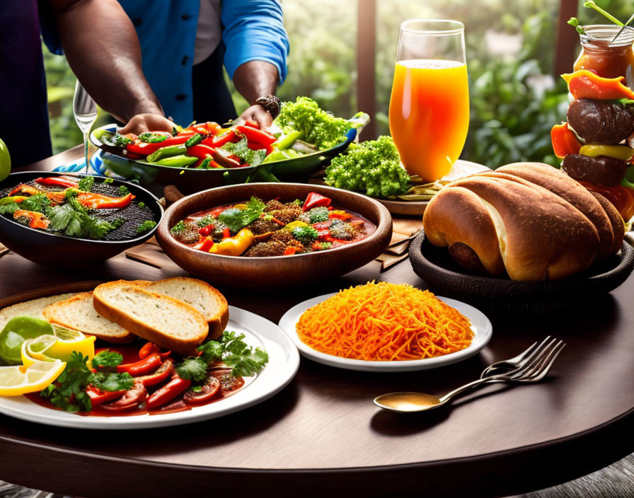 Fresh Dishes: Salads, Bread, Pasta & Orange Juice on Wooden Table