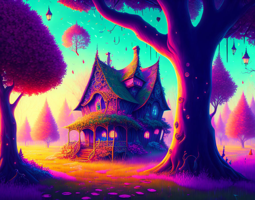 Colorful fantasy landscape with charming cottage and magical trees