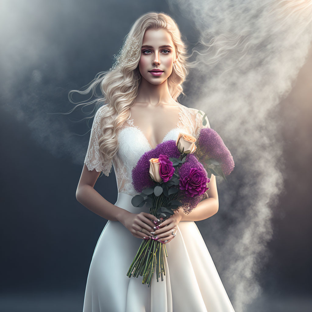 Blonde Bride Holding Roses and Lilacs in White Dress