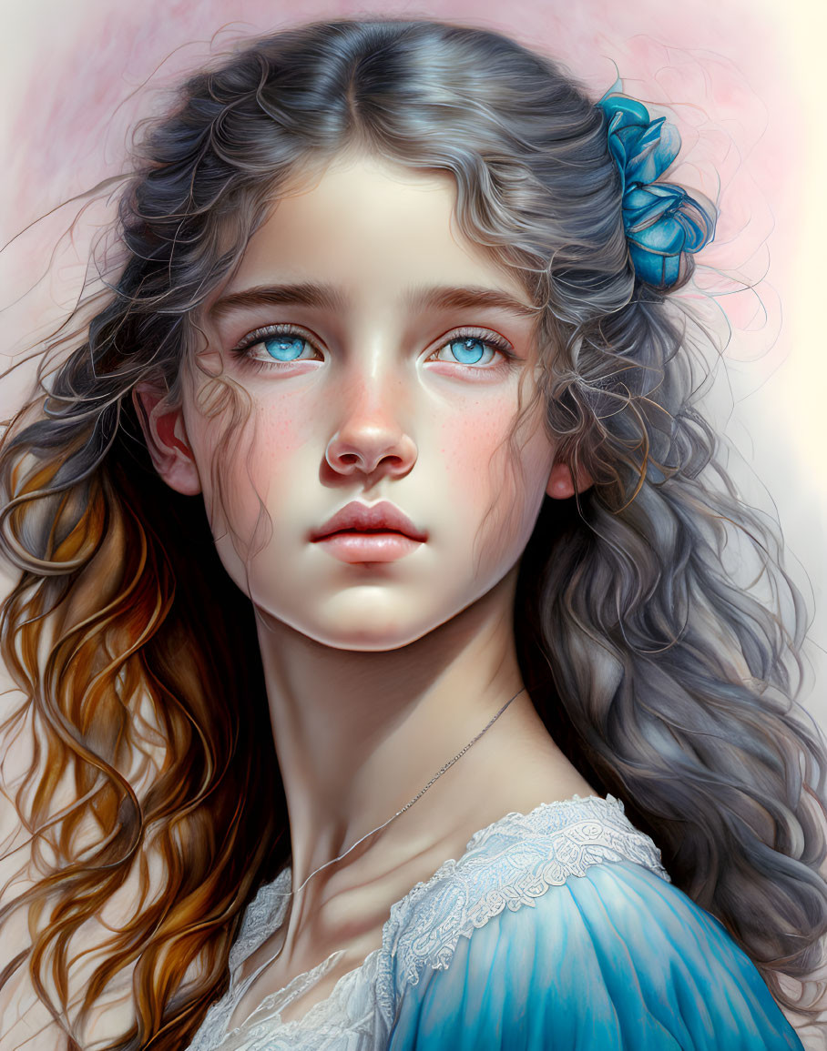 Young girl portrait with blue eyes, wavy hair, rosy cheeks, and blue bow