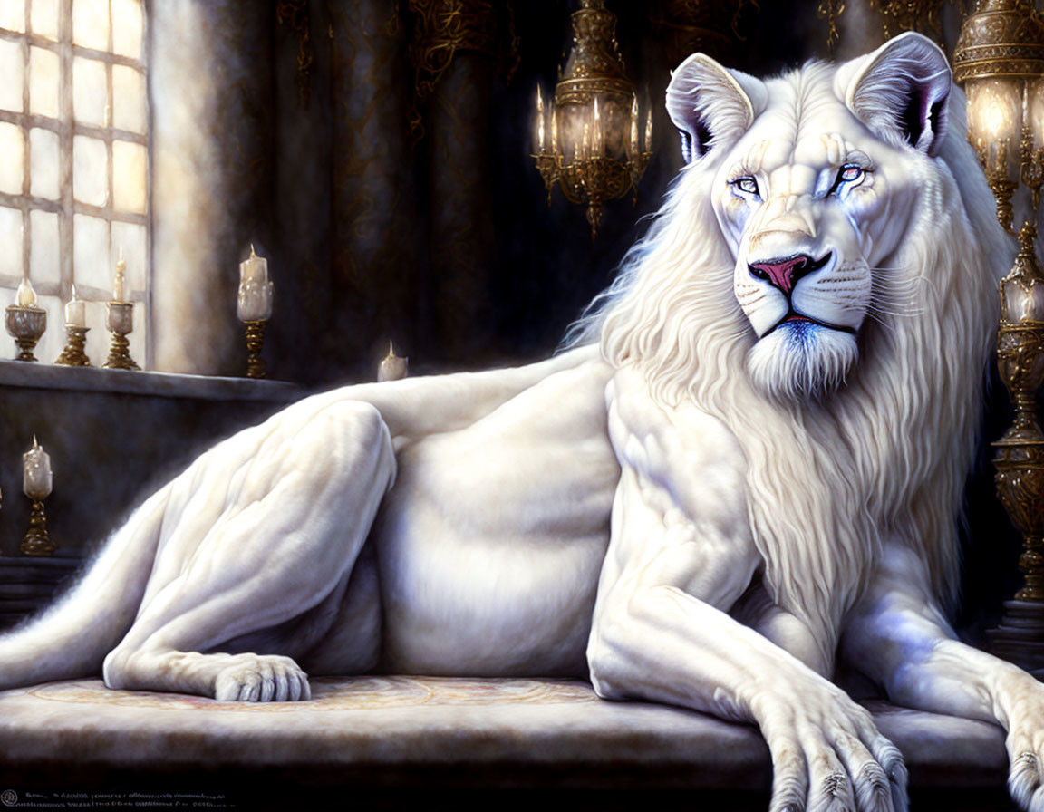 White lion with blue eyes on ornate ledge amidst opulent setting