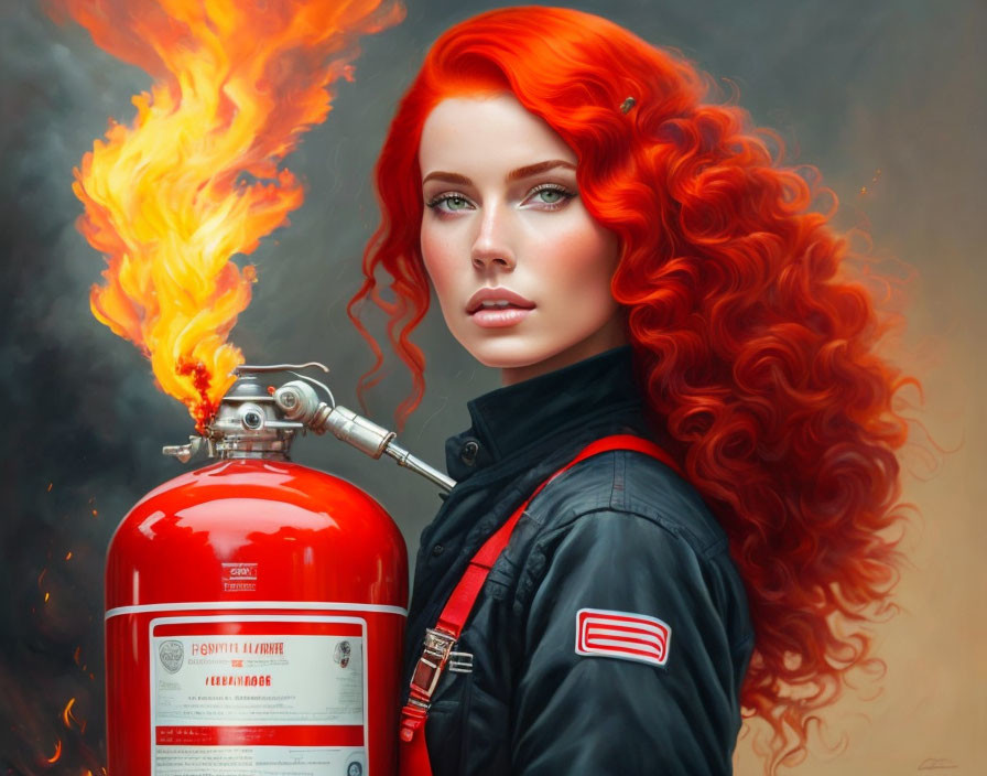 Redheaded woman with green eyes holding flaming fire extinguisher