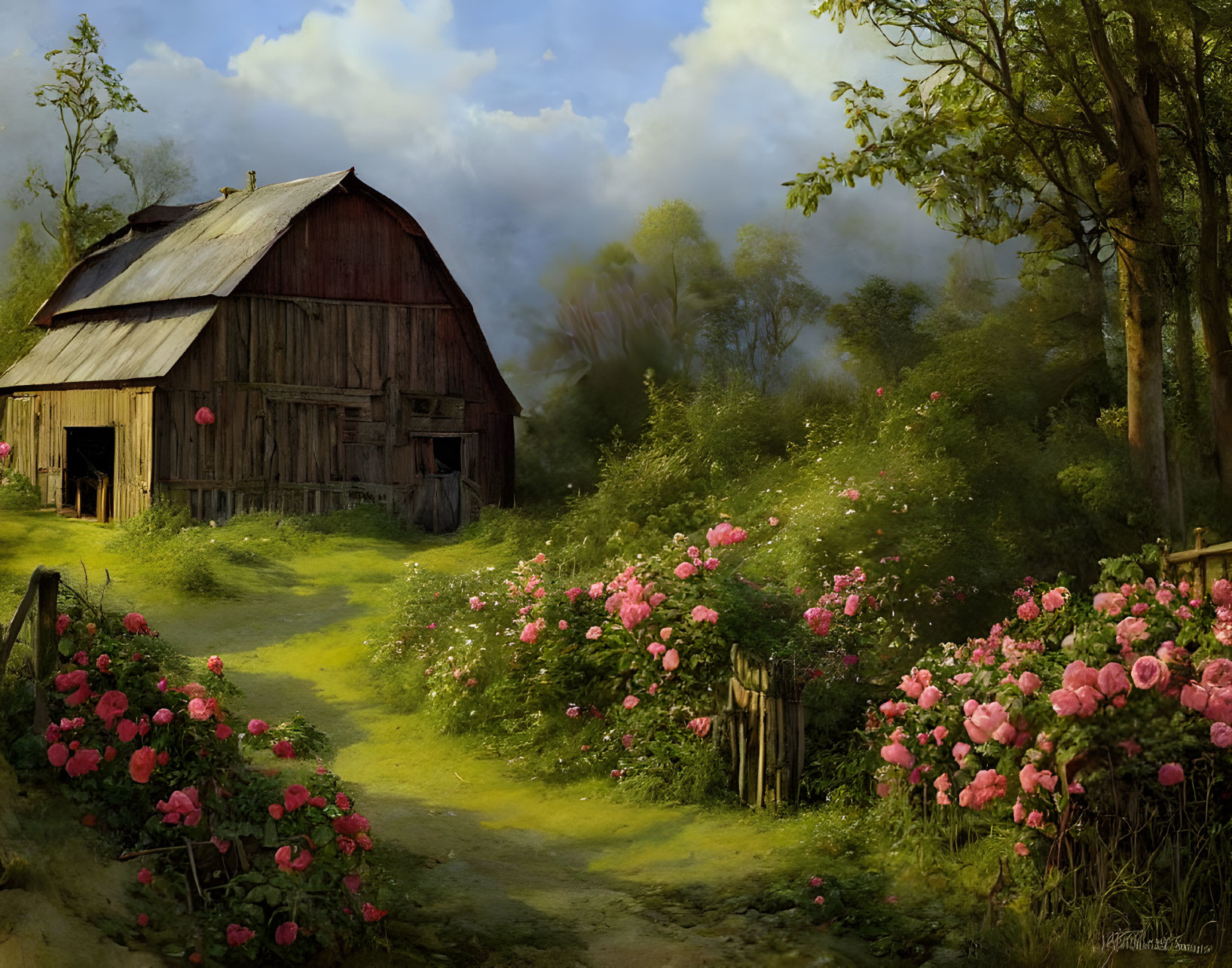 Weathered barn in lush floral setting under cloudy sky