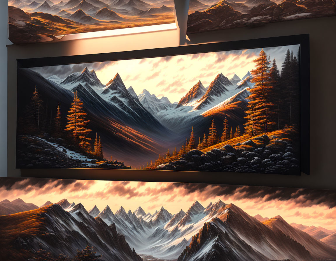 Mountain landscape painting displayed on wall with reflection on glossy tabletop