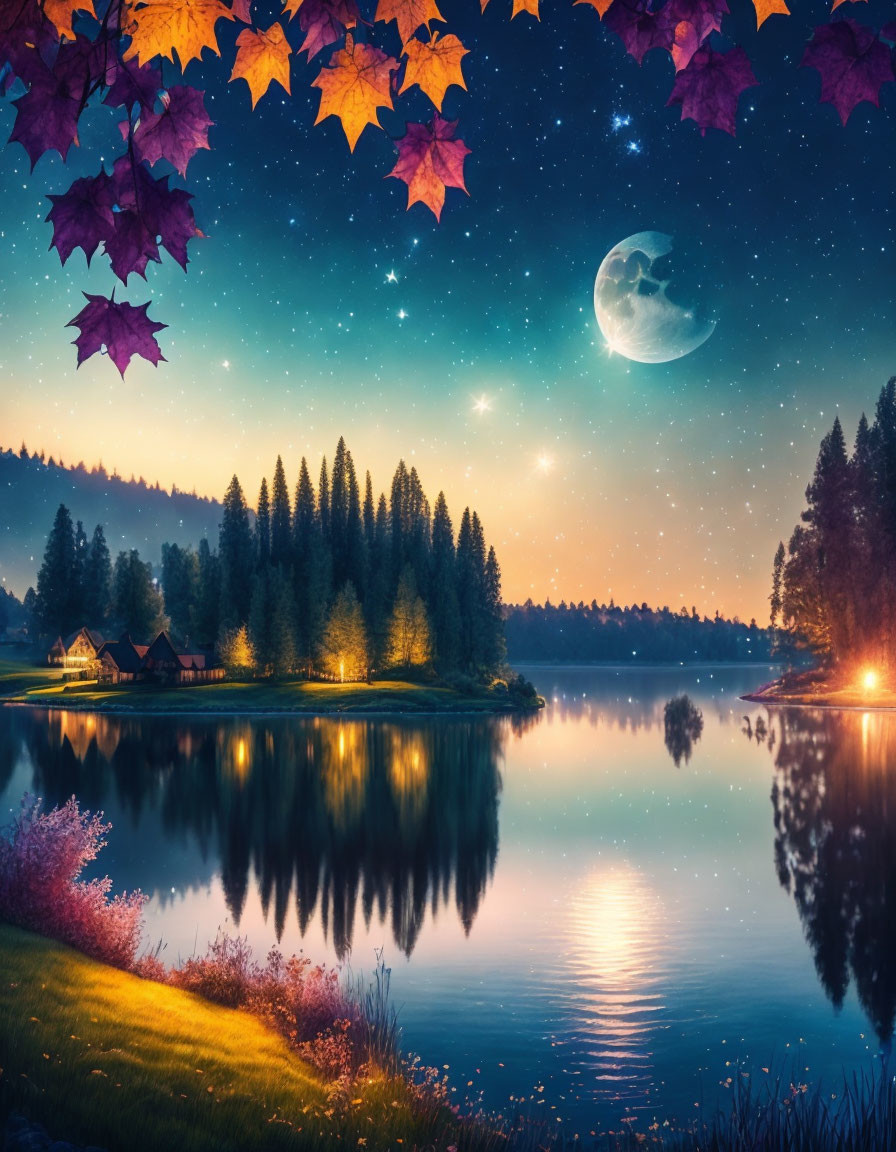 Tranquil lakeside night scene with glowing cabin, starry sky, moon, and autumn trees