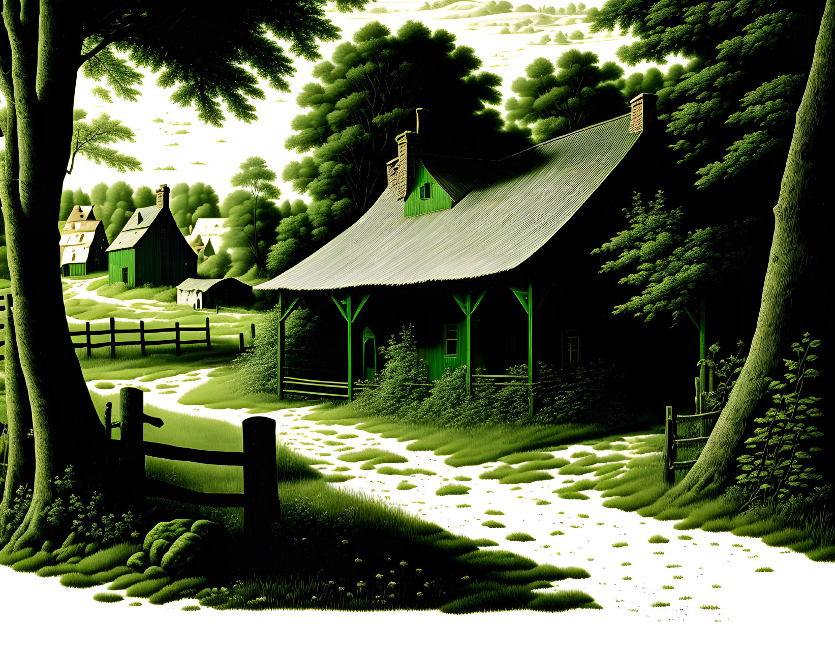 Green and White Countryside Painting Depicting House and Nature