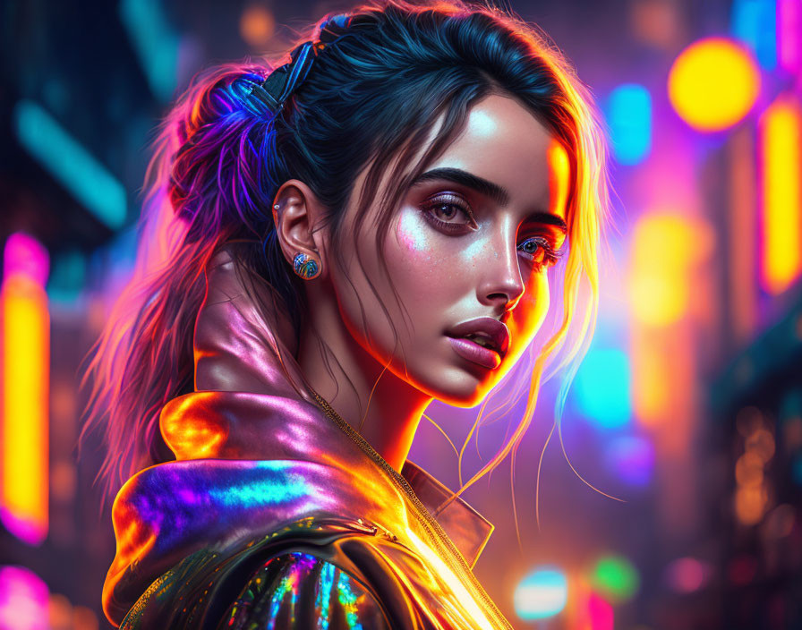 Digital artwork: Young woman with striking eyes, metallic jacket, neon-lit cityscape.