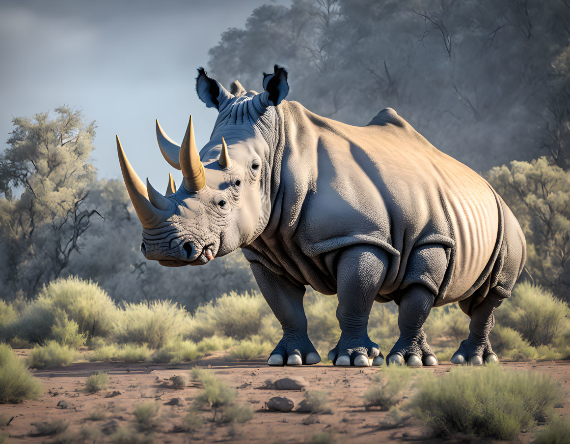 Rhinoceros in Dusty Landscape with Sparse Vegetation and Prominent Horns