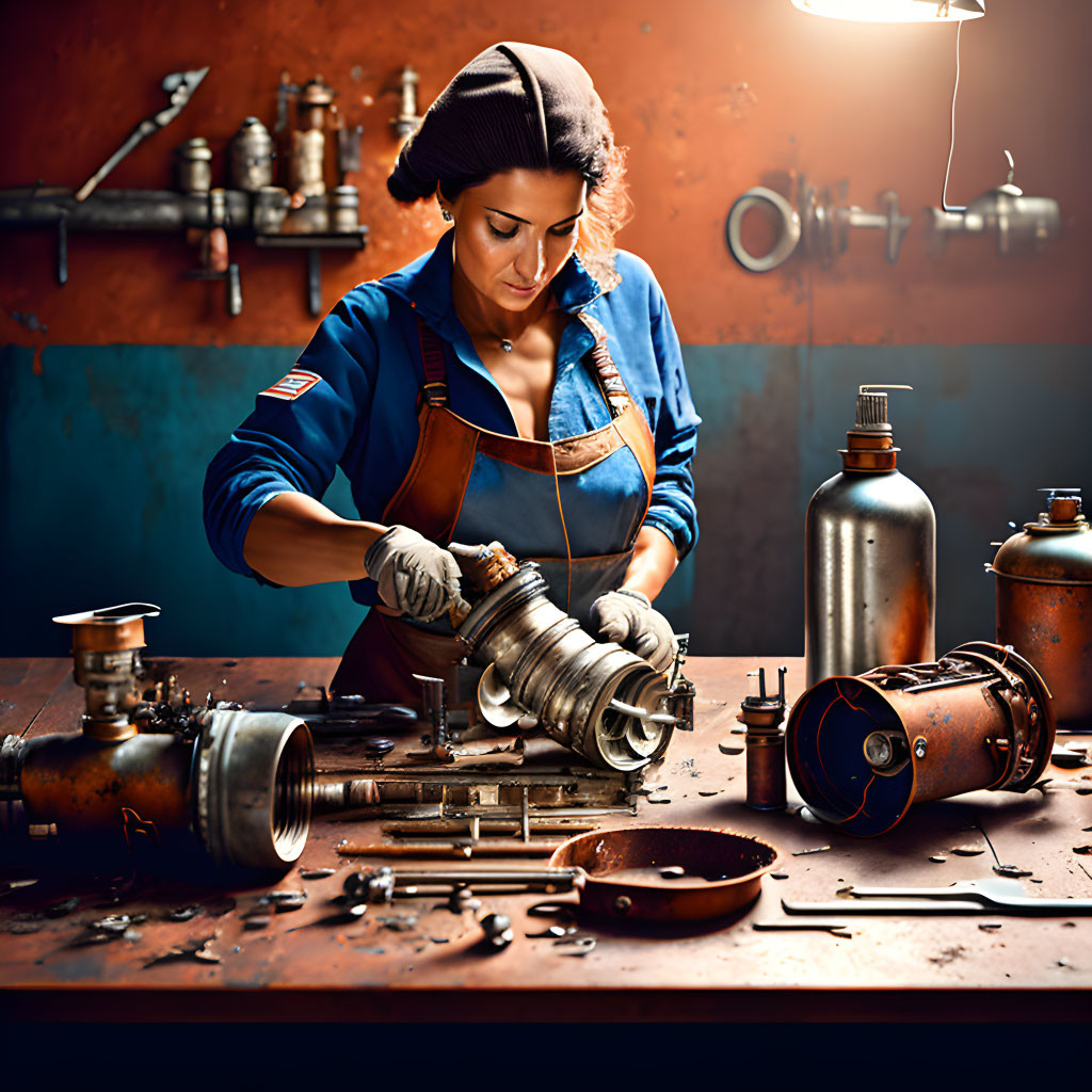 Focused woman assembling mechanical part in cluttered workshop under warm lighting