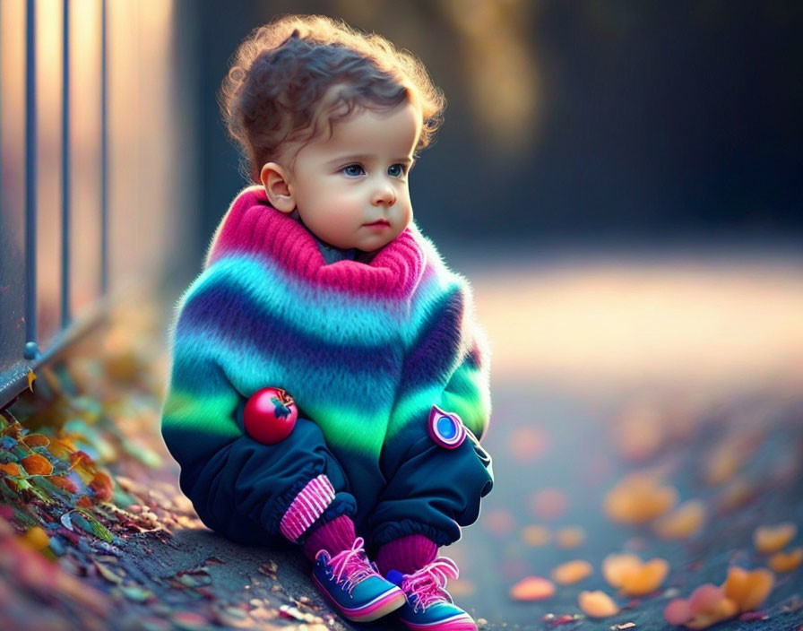 Curly-Haired Toddler in Colorful Sweater on Autumn Leaf-Lined Path