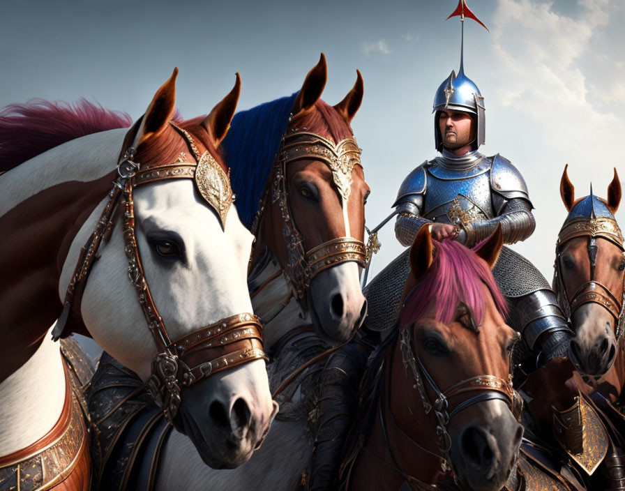 Knight in shining armor on horseback with red plume, surrounded by adorned horses, against sky backdrop