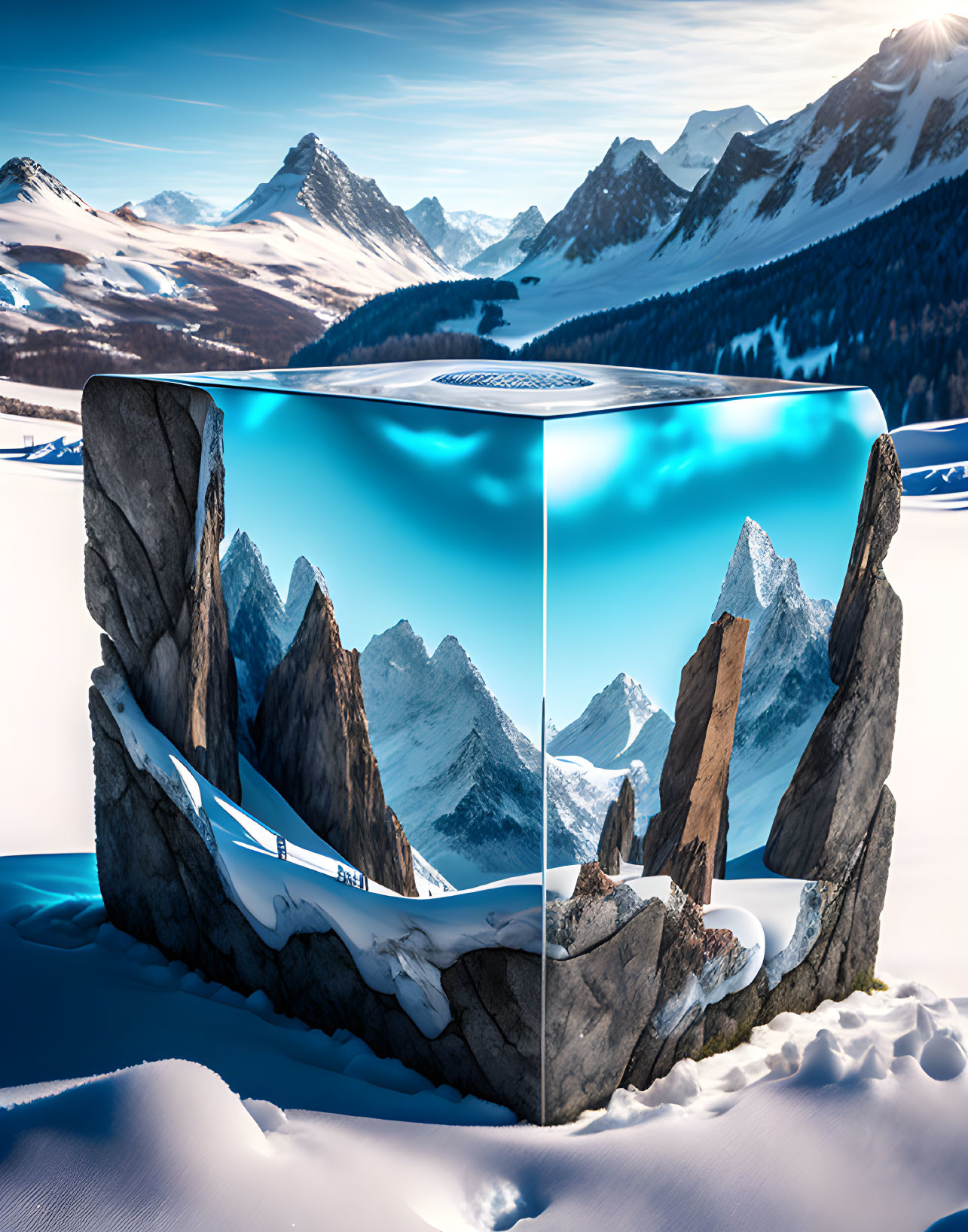 Surreal mountain landscape with reflection loop under clear skies