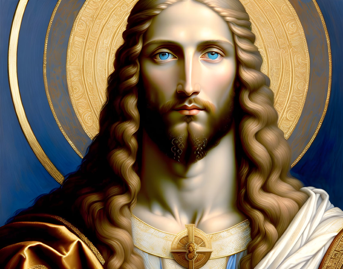 Detailed digital painting of figure with long brown hair, beard, blue eyes, white and gold robes,