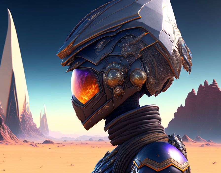 Armored robot with reflective visor in desert landscape with sharp rock formations